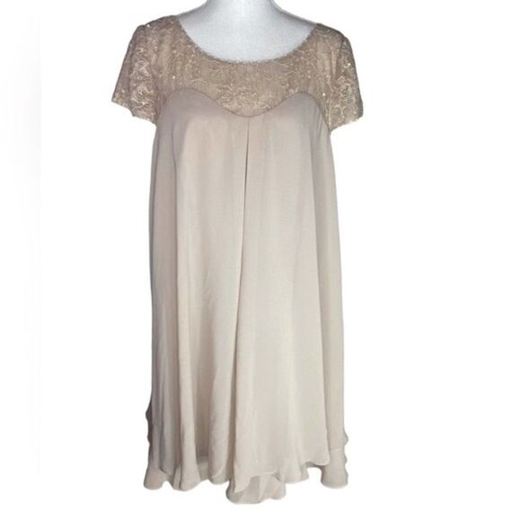 JJ’s House Taupe Empire Scoop Illusion Lace Chiffon Mother of Bride Dress - Picture 1 of 7